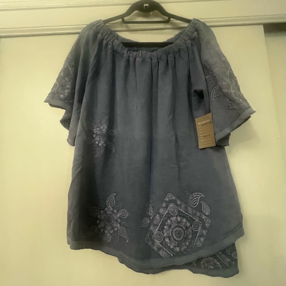 Billy T Gray and Blue Flutter Sleeve Asymmetrical Blouse
